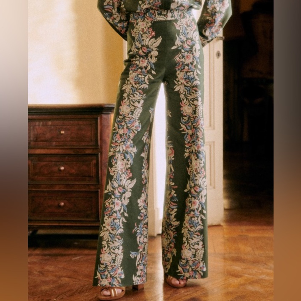 Sezane Tyler Green Floral Wide Leg Pants